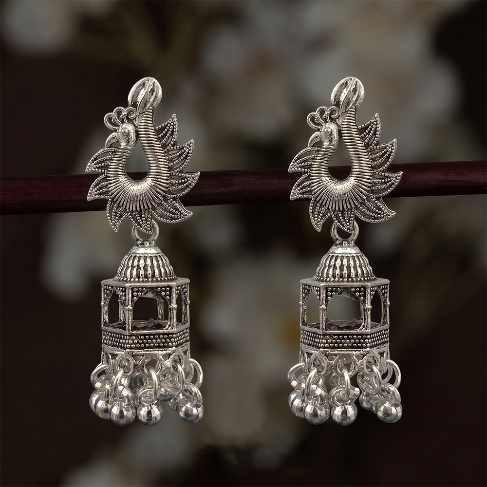JewelMaze Oxidised Plated Pearl Peacock Jhumki Earrings