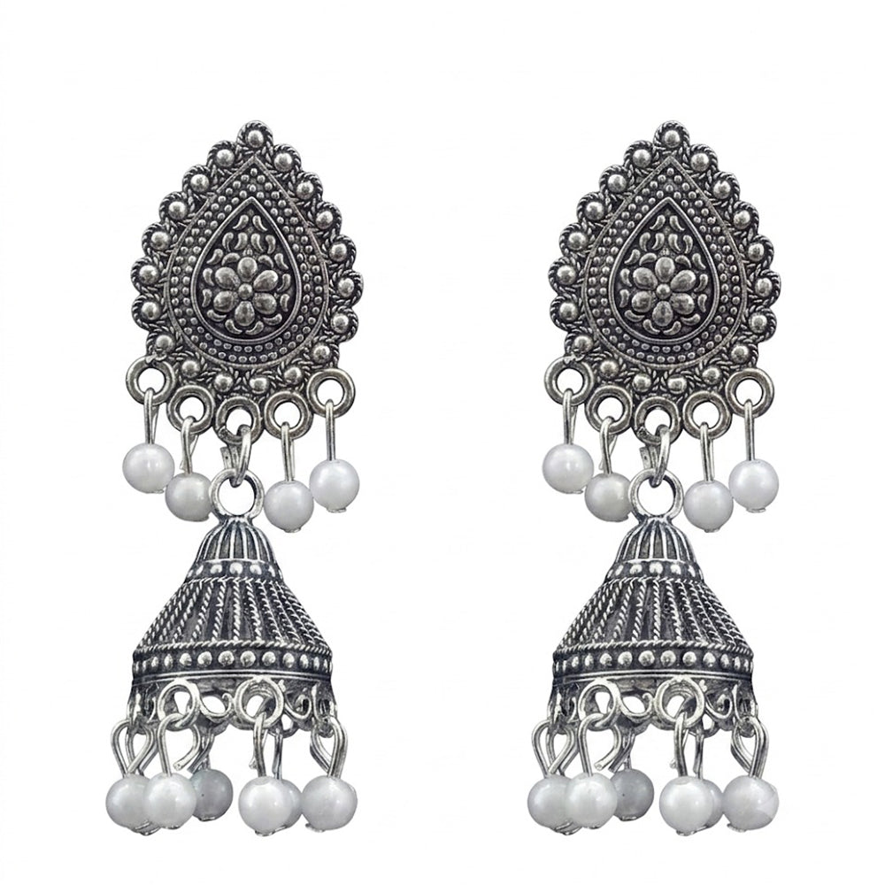 JewelMaze Oxidised Plated Pearl Jhumki Earrings
