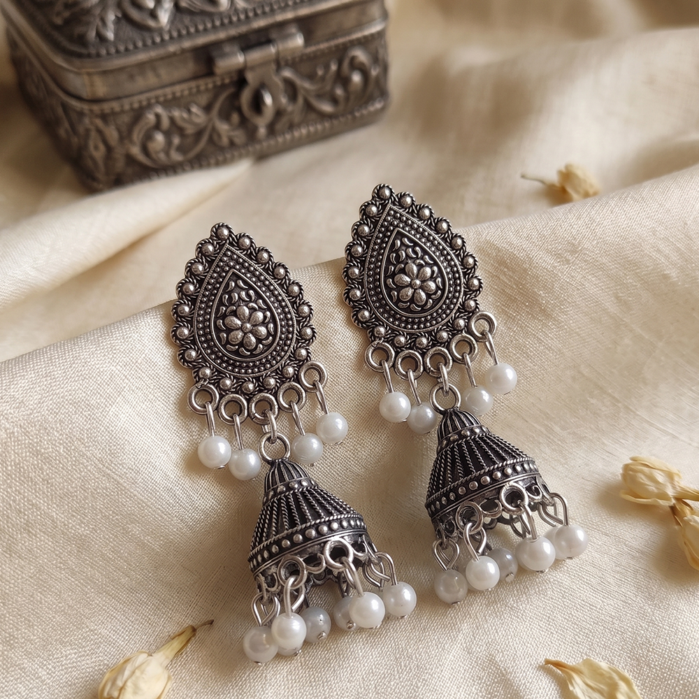 JewelMaze Oxidised Plated Pearl Jhumki Earrings 