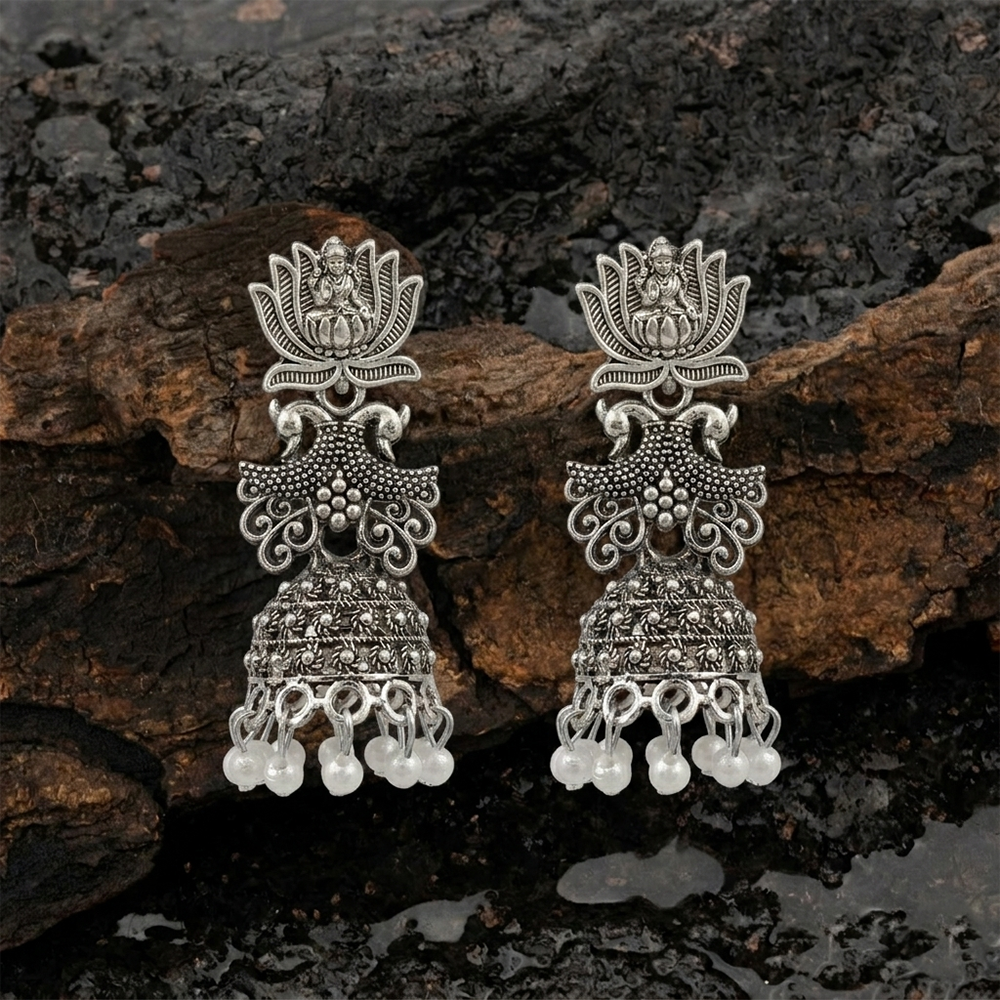 JewelMaze Oxidised Plated Pearl Lotus And Temple Jhumki Earrings