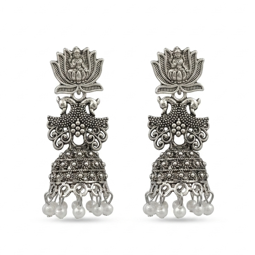 JewelMaze Oxidised Plated Pearl Lotus And Temple Jhumki Earrings
