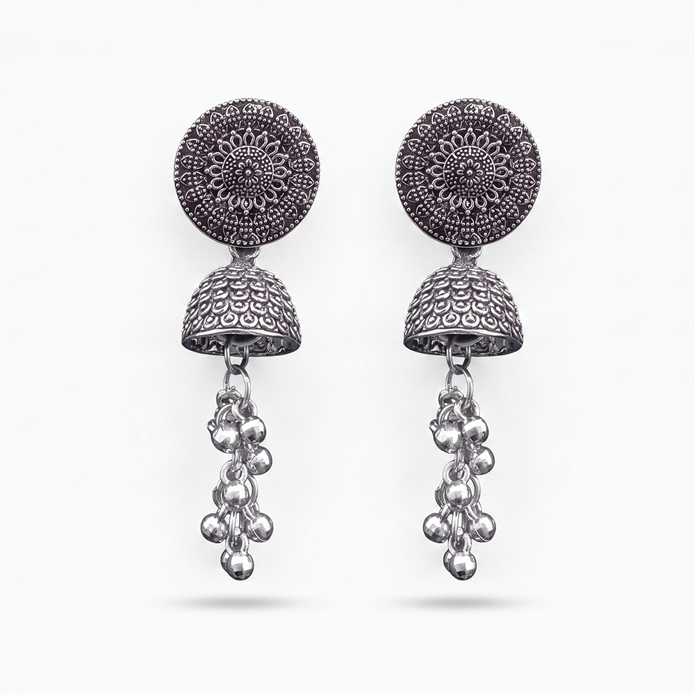 JewelMaze Oxidised Plated Pearl Jhumki Earrings
