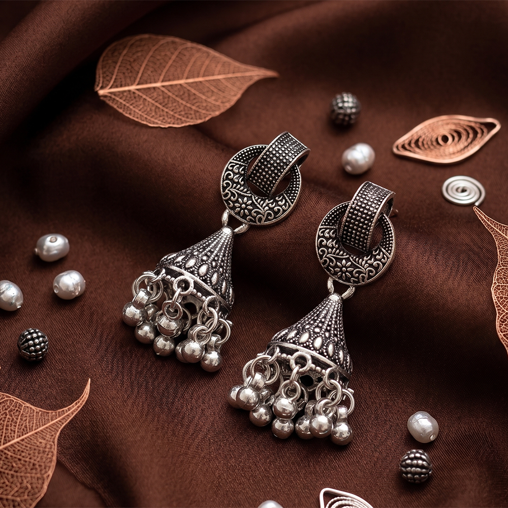 JewelMaze Oxidised Plated Pearl Jhumki Earrings