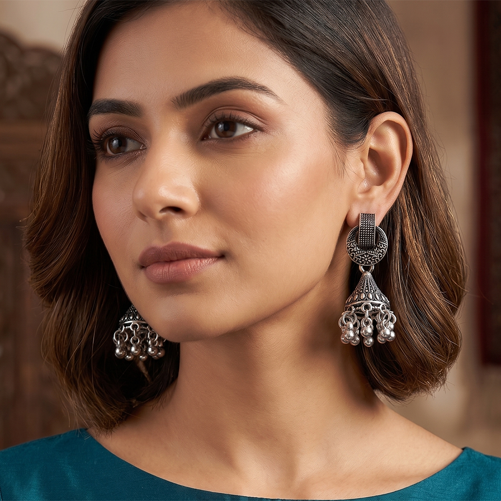 JewelMaze Oxidised Plated Pearl Jhumki Earrings