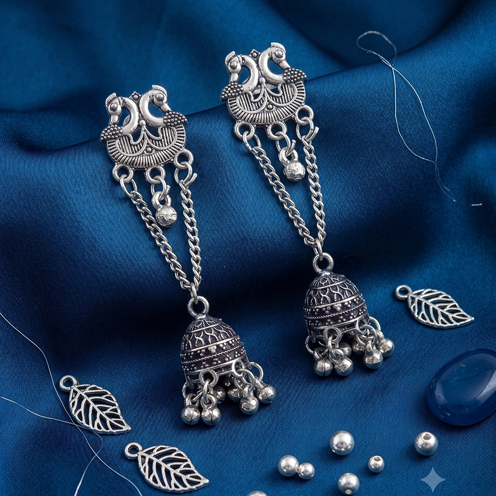 JewelMaze Oxidised Plated Pearl Jhumki Earrings 