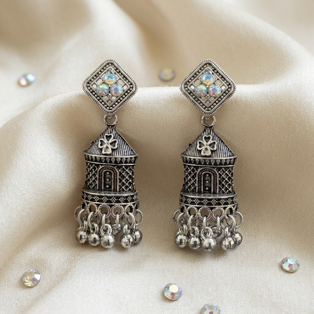 JewelMaze Oxidised Plated Austrian Stone & Pearl Jhumki Earrings 