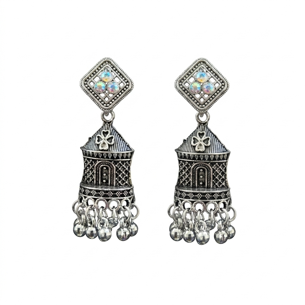 JewelMaze Oxidised Plated Austrian Stone & Pearl Jhumki Earrings