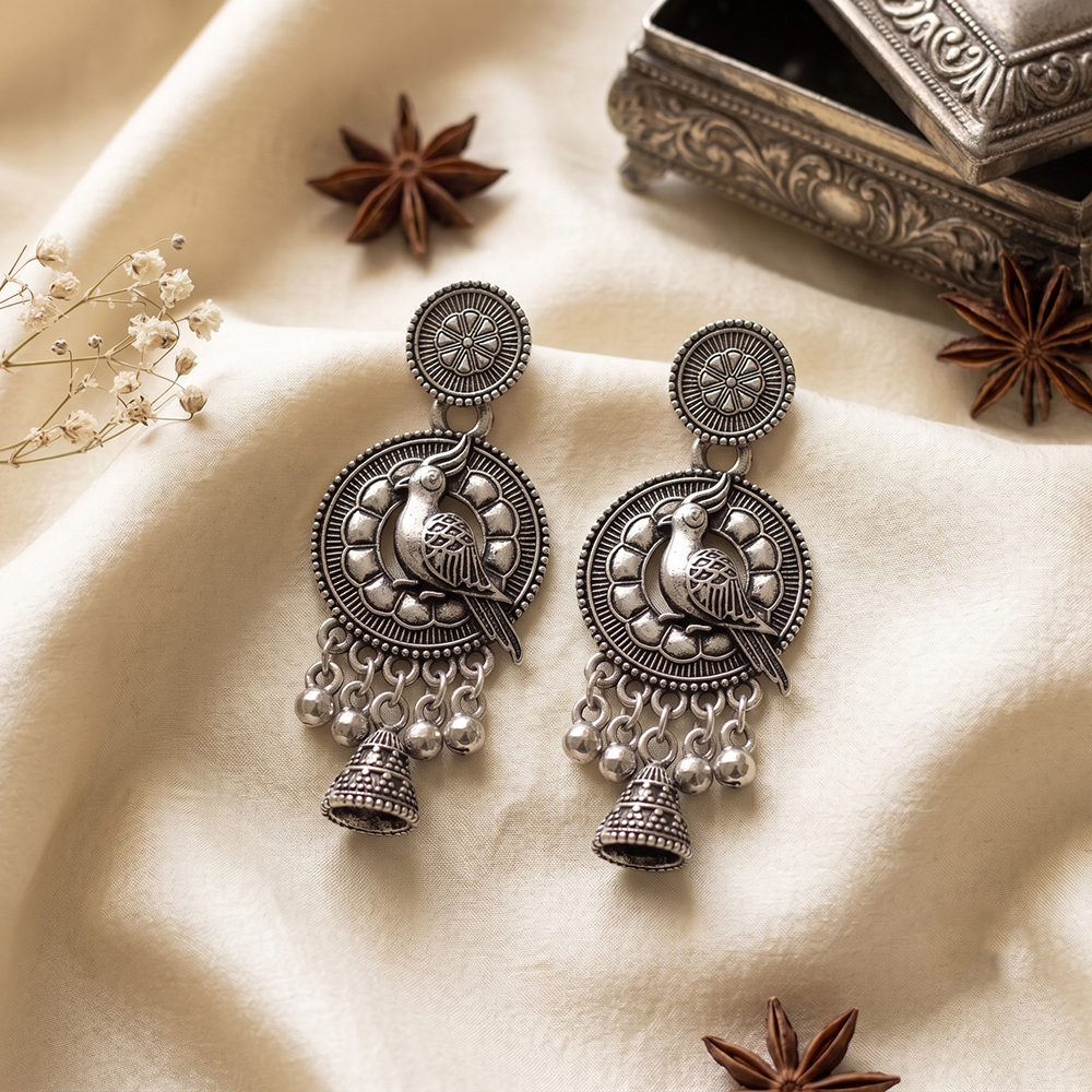 JewelMaze Oxidised Plated Pearl Bird Jhumki Earrings 