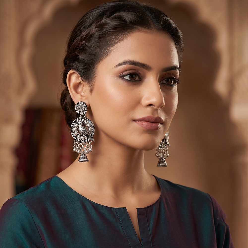 JewelMaze Oxidised Plated Pearl Bird Jhumki Earrings