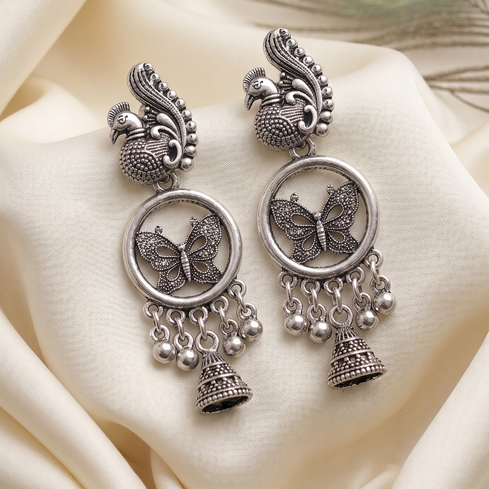 JewelMaze Oxidised Plated Pearl Butterfly & Peacock Design Jhumki Earrings 