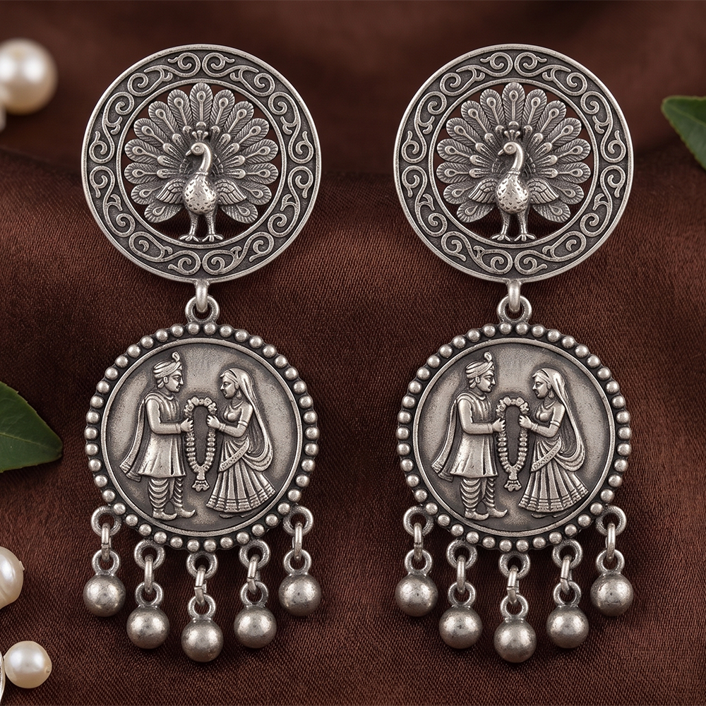 JewelMaze Oxidised Plated Pearl Peacock Jhumki Earrings