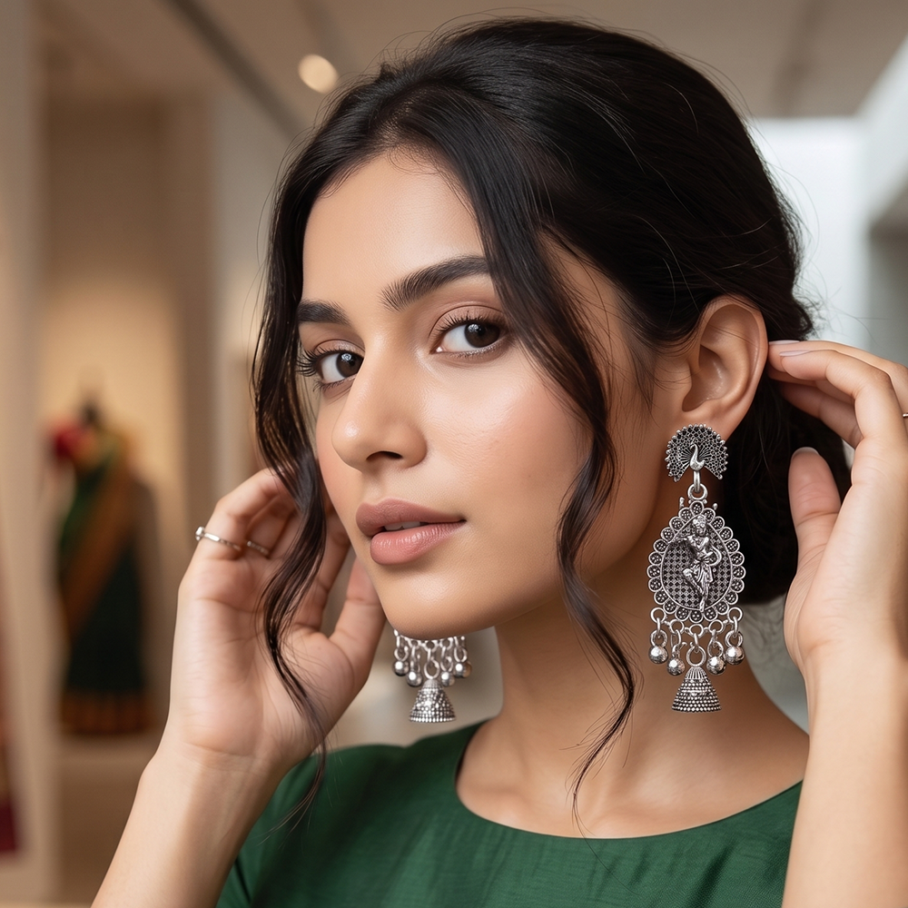 JewelMaze Oxidised Plated Peackock & Tempel Pearl Jhumki Earrings