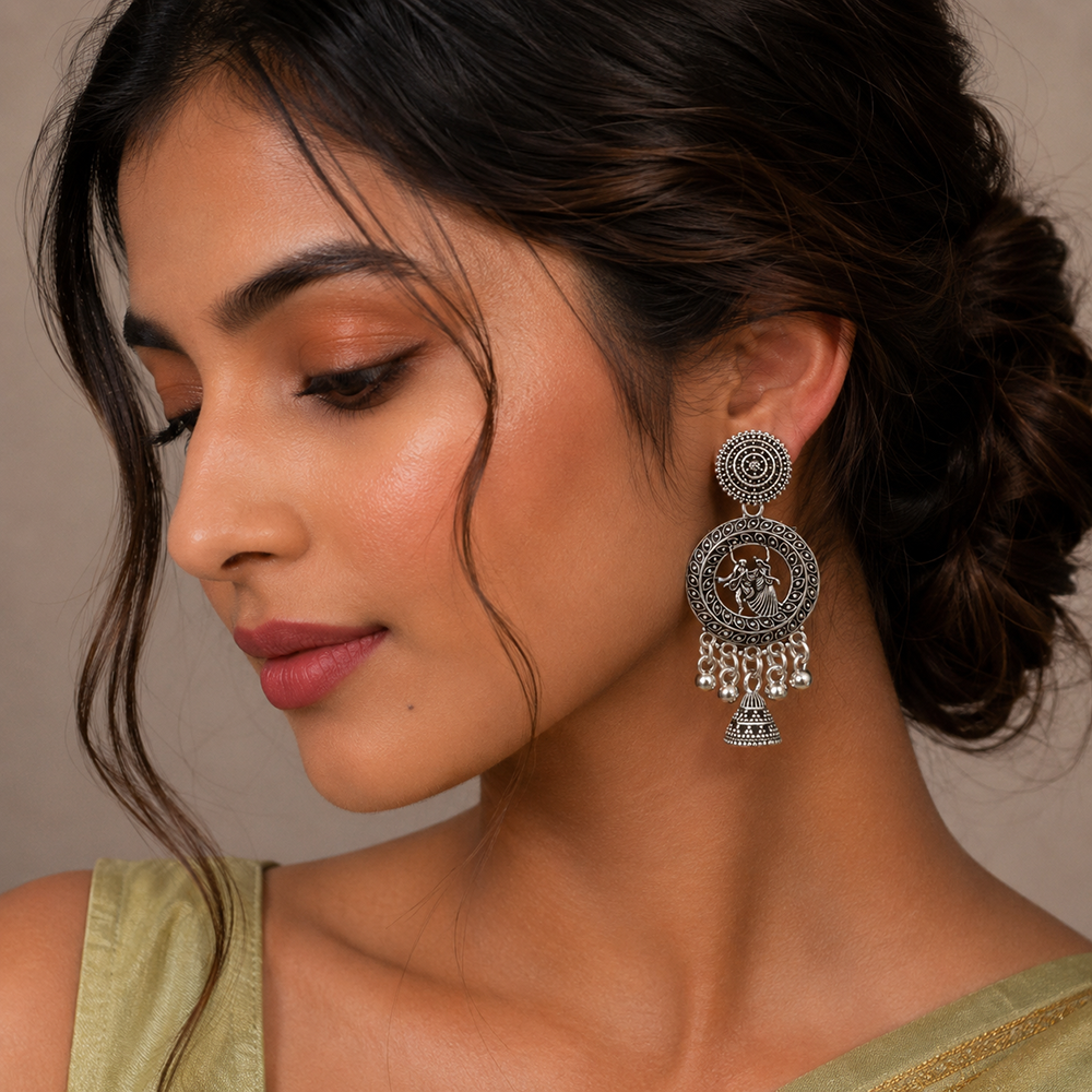 JewelMaze Oxidised Plated Pearl Peacock Jhumki Earrings