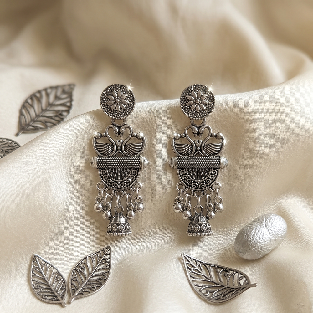 JewelMaze Oxidised Plated Pearl Jhumki Earrings 