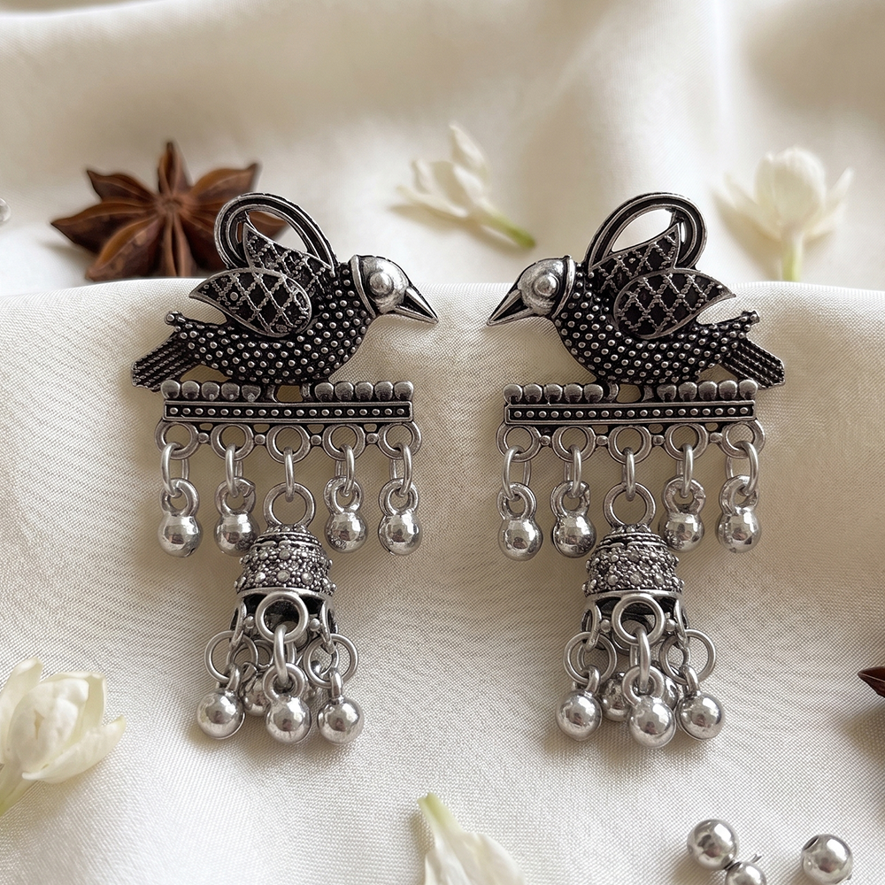 JewelMaze Oxidised Plated Pearl Bird Jhumki Earrings 