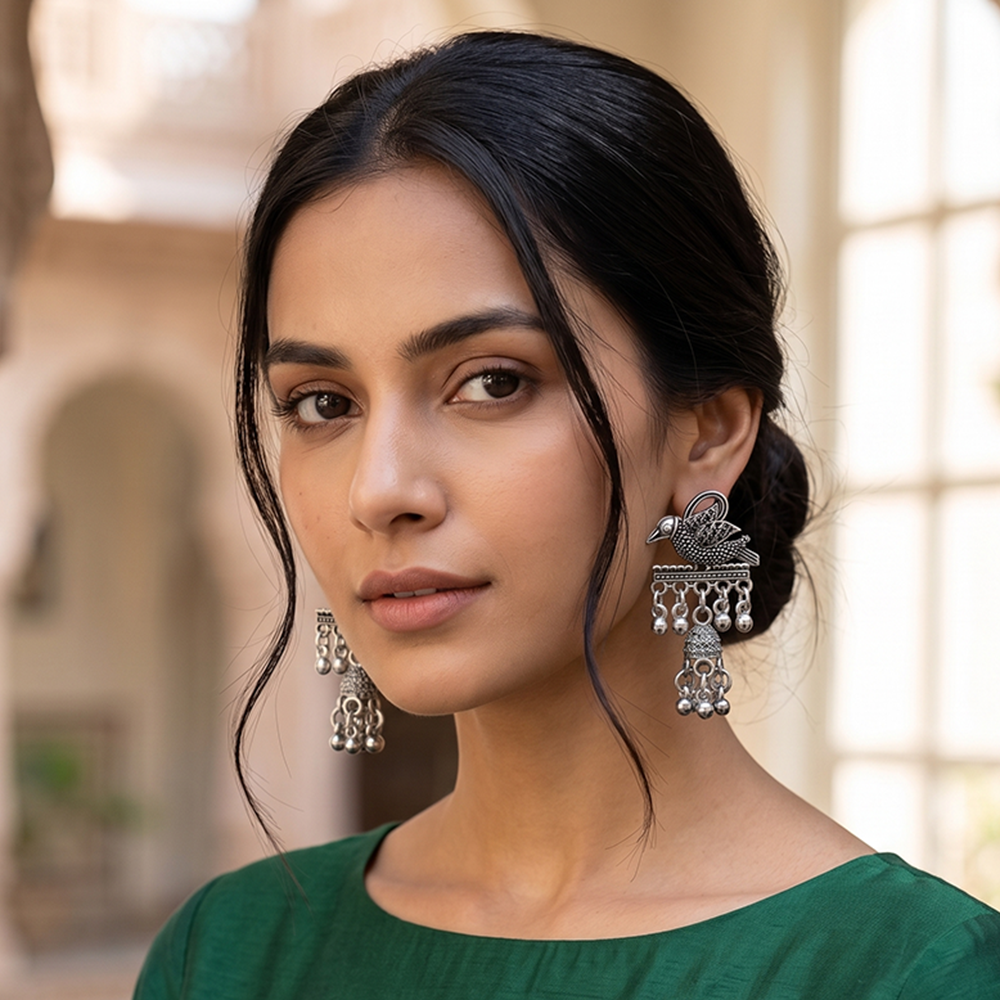 JewelMaze Oxidised Plated Pearl Bird Jhumki Earrings