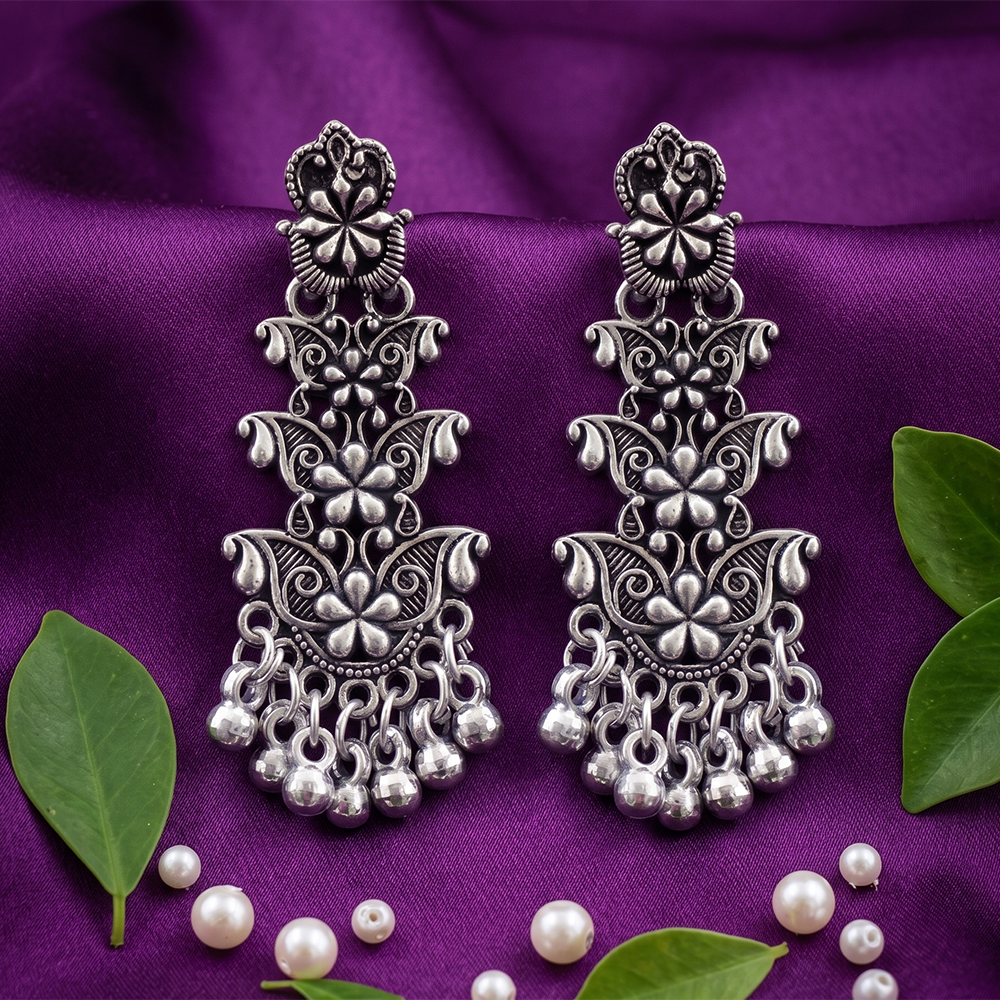 JewelMaze Boho Style Pearl Oxidised Hanging Earrings