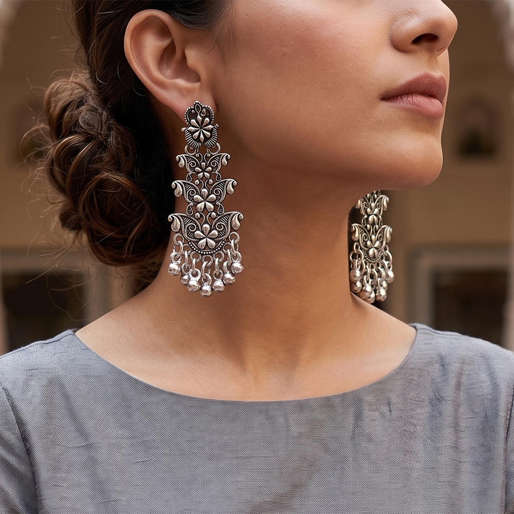 JewelMaze Boho Style Pearl Oxidised Hanging Earrings