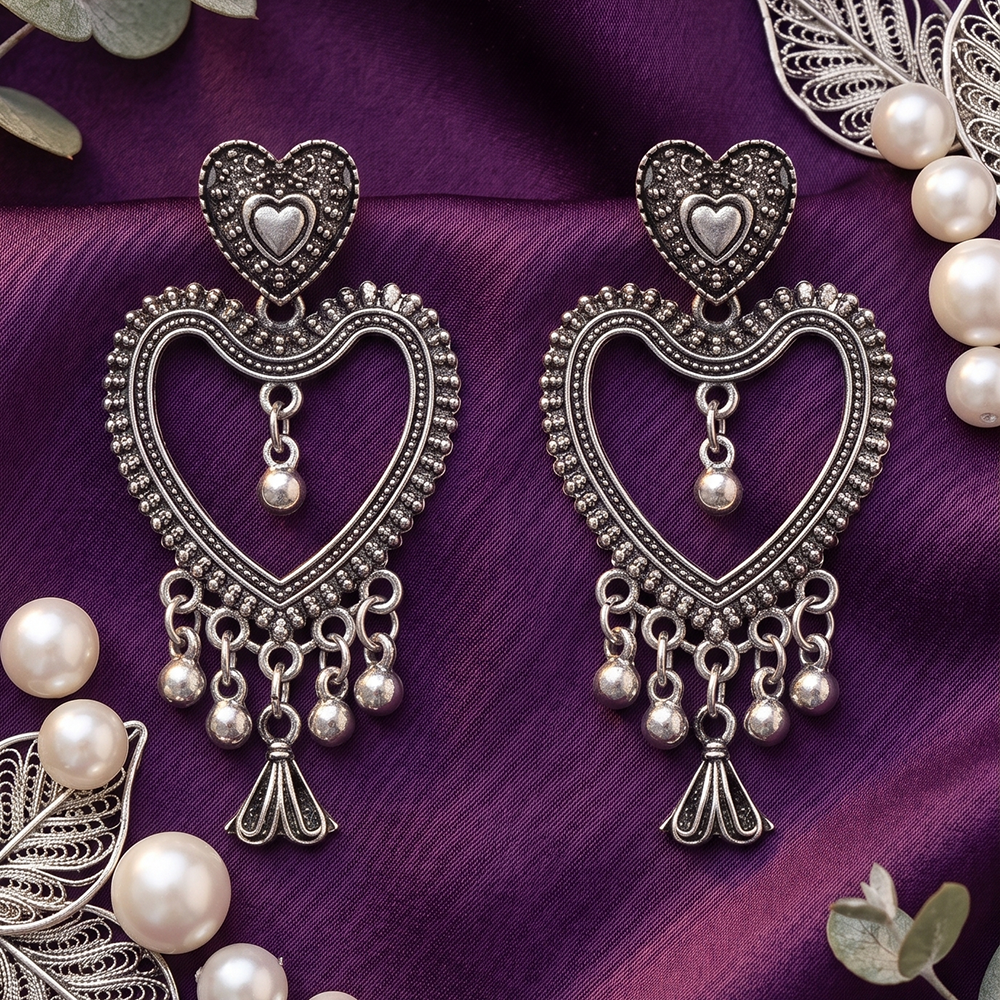 JewelMaze Oxidised Plated Pearl Heart Shape Jhumki Earrings 
