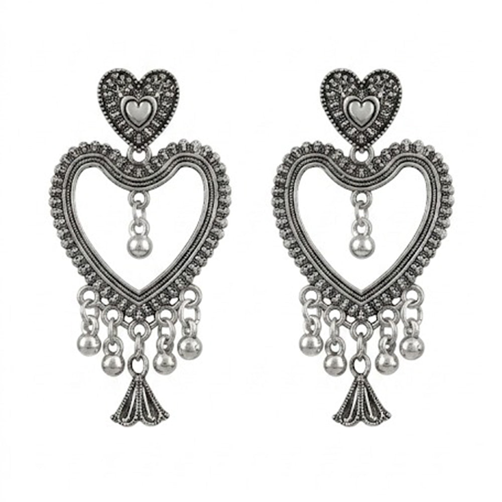 JewelMaze Oxidised Plated Pearl Heart Shape Jhumki Earrings