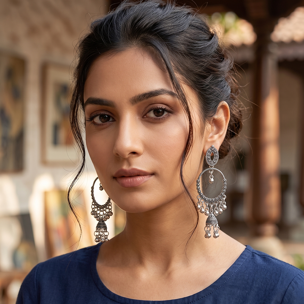 JewelMaze Oxidised Plated Pearl Jhumki Earrings