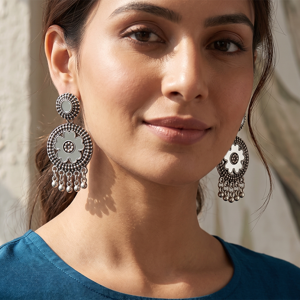 JewelMaze Boho Style Pearl And Mirror Oxidised Hanging Earrings