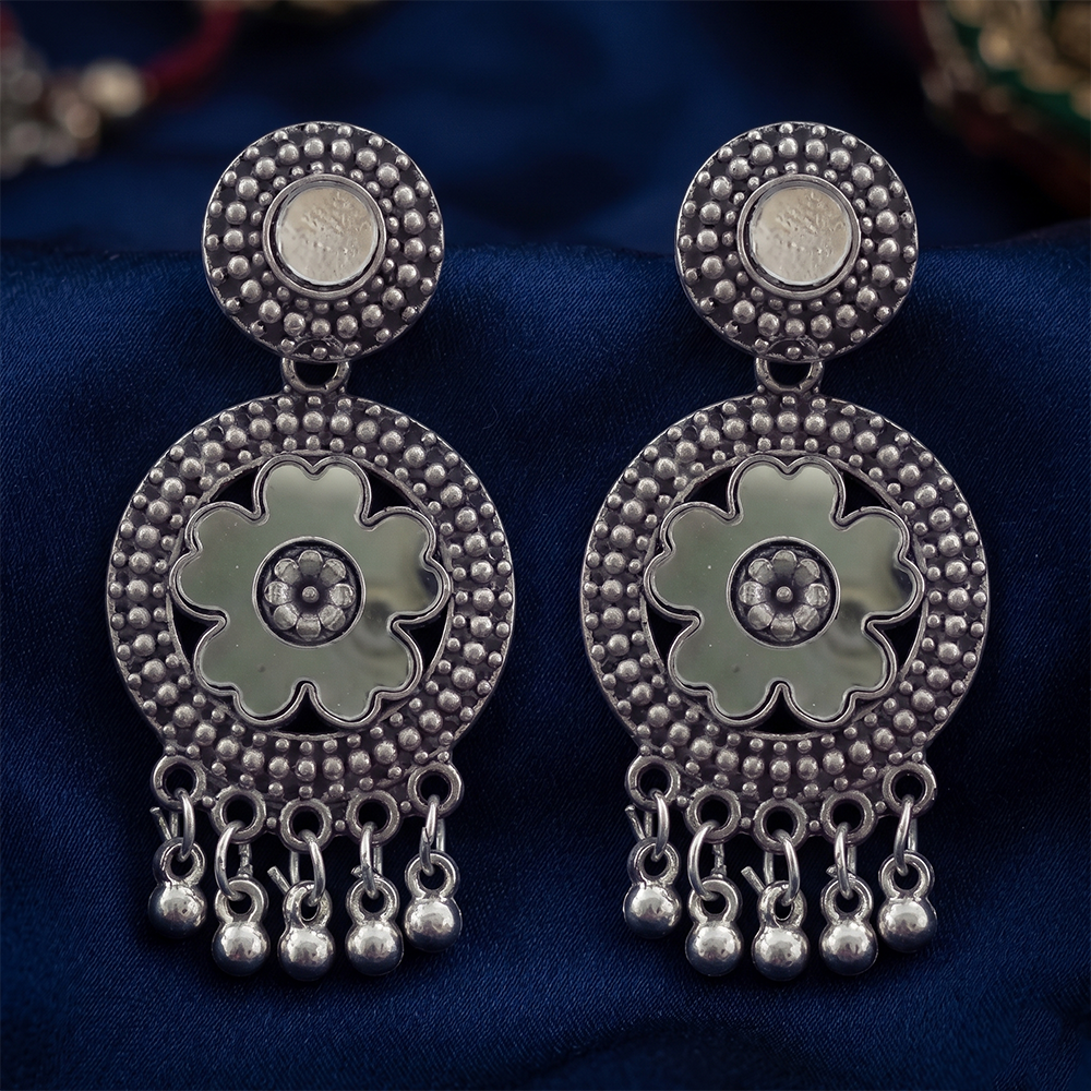 JewelMaze Boho Style Pearl And Mirror Oxidised Hanging Earrings