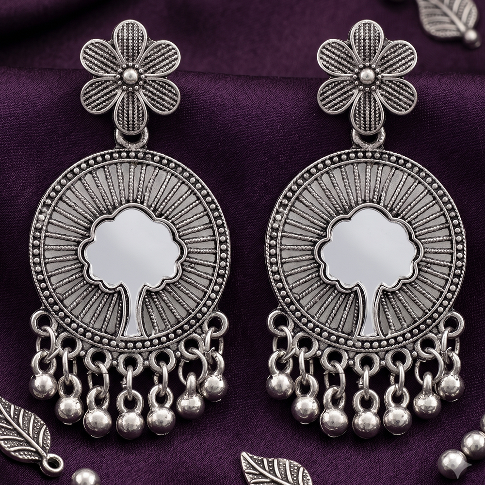 JewelMaze JewelMaze Vintage Oxidised Plated Mirror Work Floral Dangler Earrings
