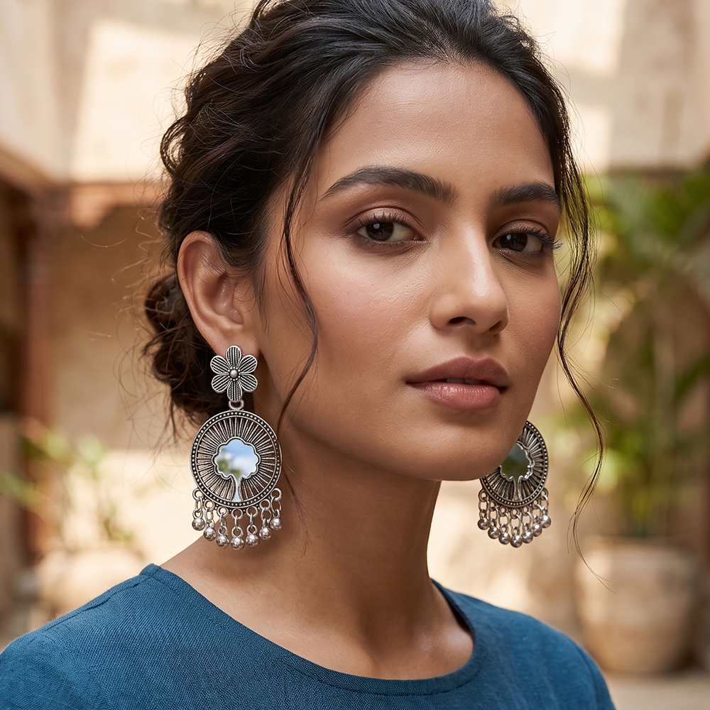 JewelMaze JewelMaze Vintage Oxidised Plated Mirror Work Floral Dangler Earrings