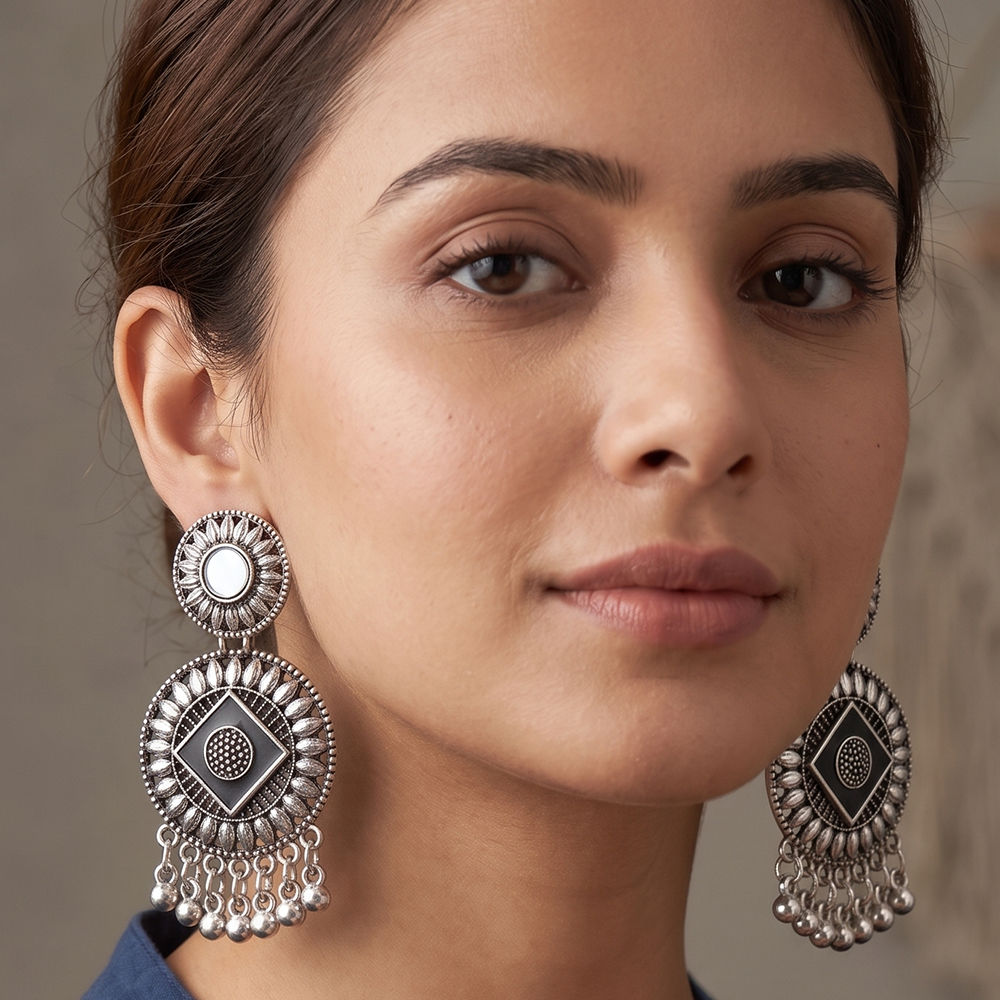 JewelMaze JewelMaze Vintage Oxidised Plated Mirror Work Floral Dangler Earrings