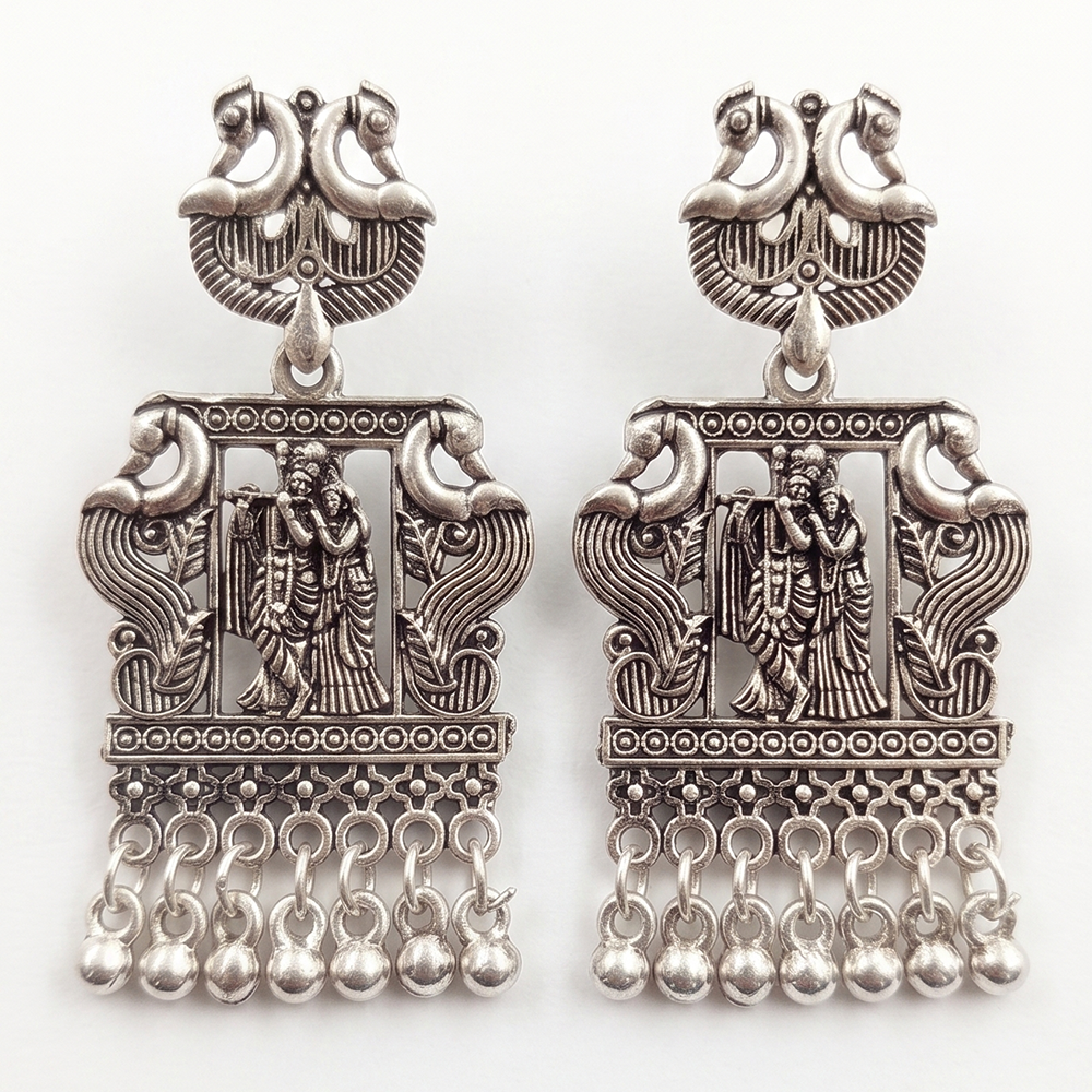 JewelMaze Oxidised Plated Peackock & Tempel Pearl Dangler Earrings