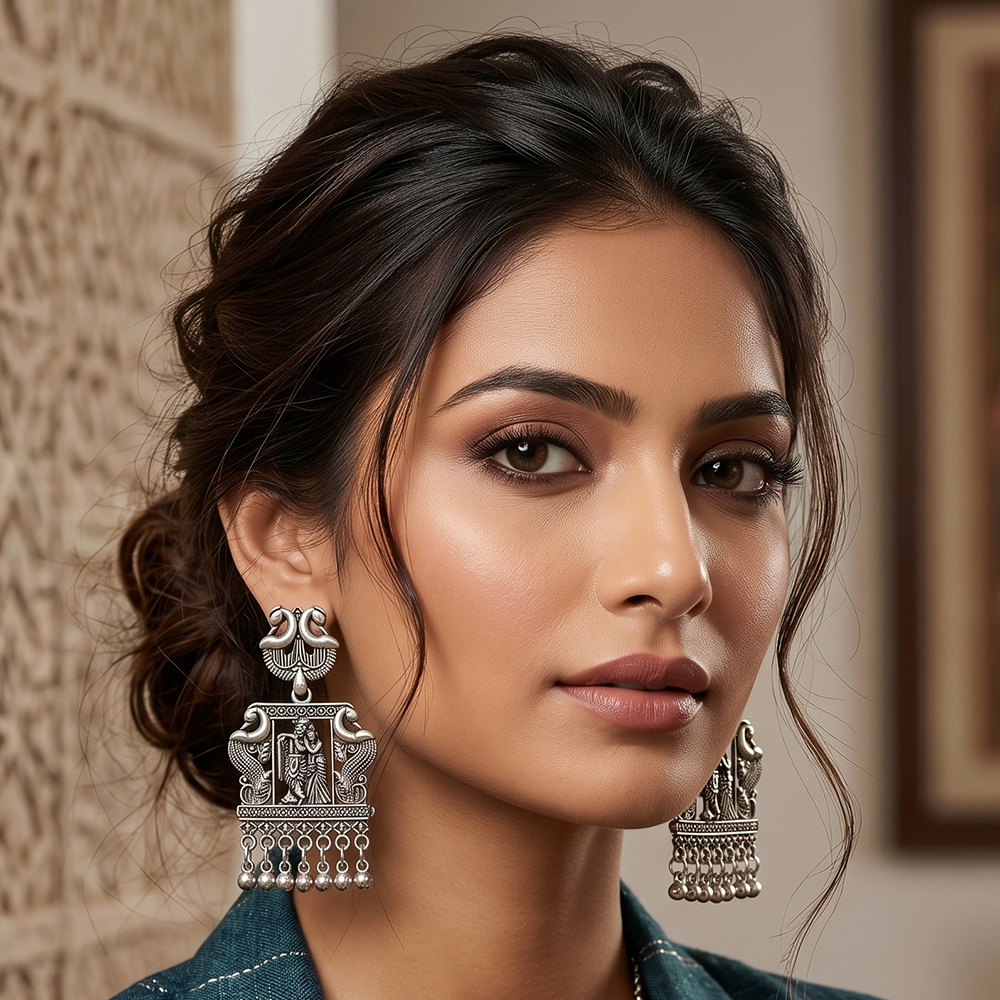 JewelMaze Oxidised Plated Peackock & Tempel Pearl Dangler Earrings