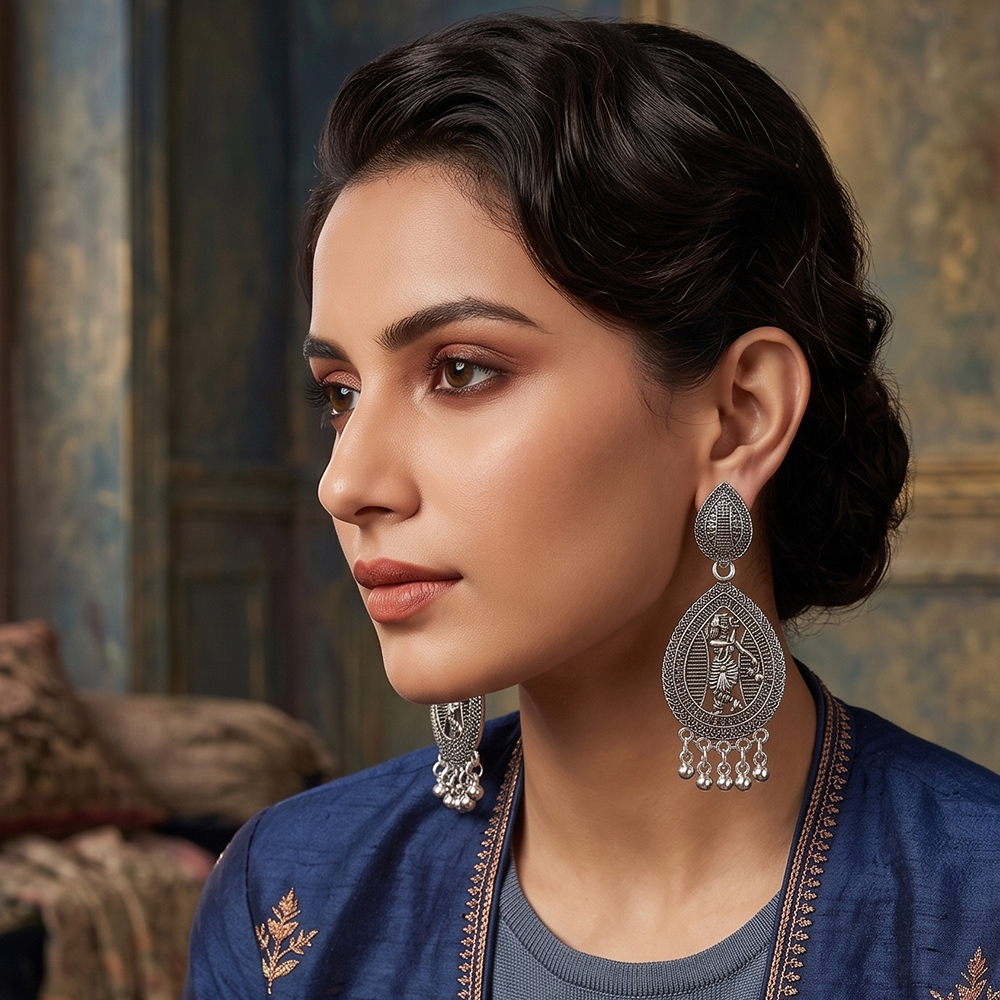 JewelMaze Oxidised Plated Tempel Pearl Dangler Earrings