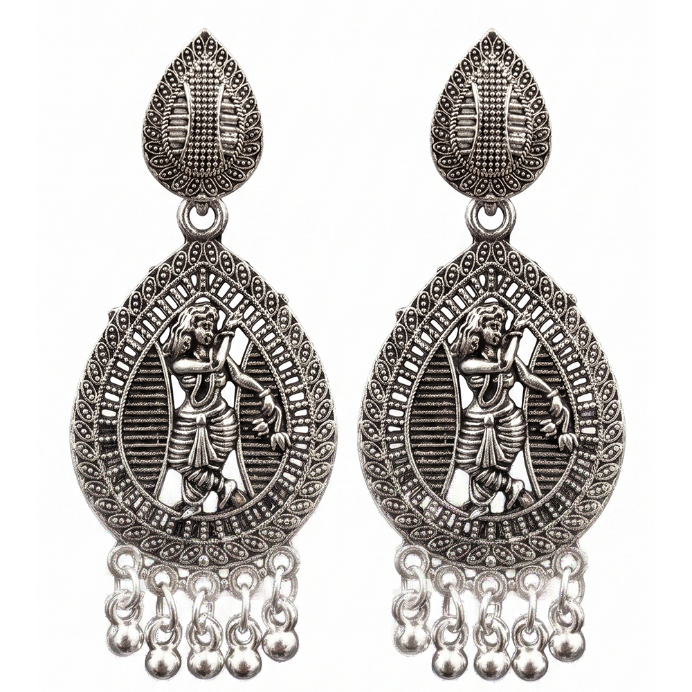 JewelMaze Oxidised Plated Tempel Pearl Dangler Earrings