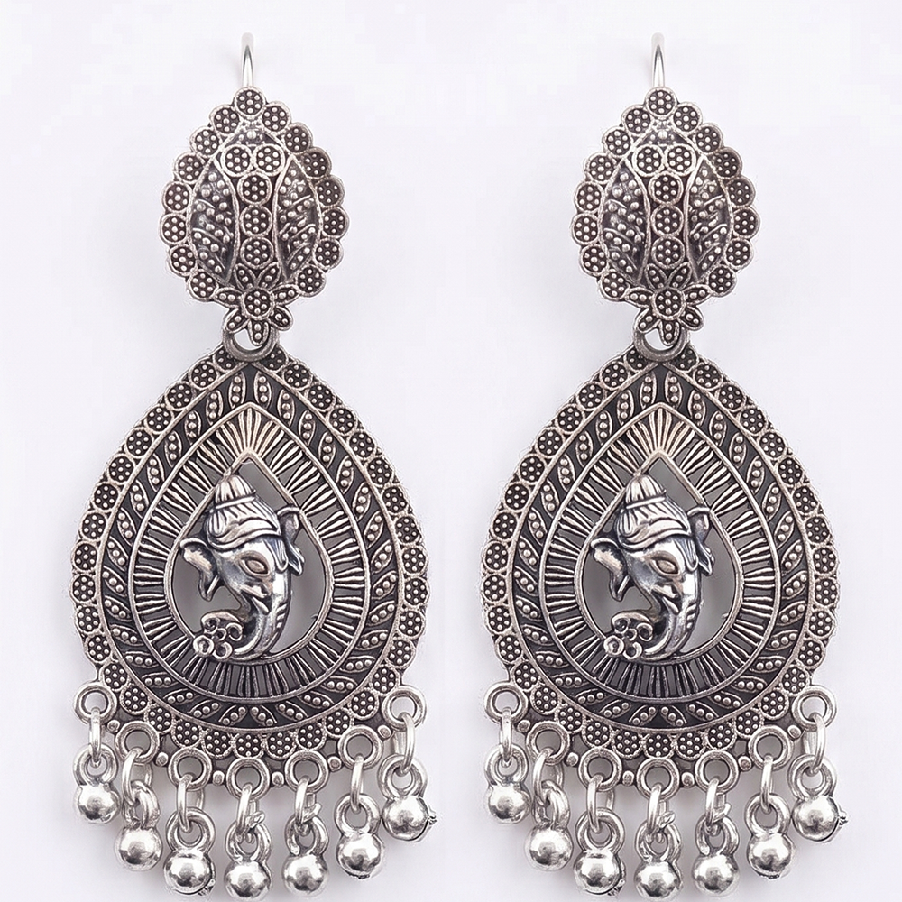 JewelMaze Oxidised Plated Ganesha Lord Pearl Dangler Earrings