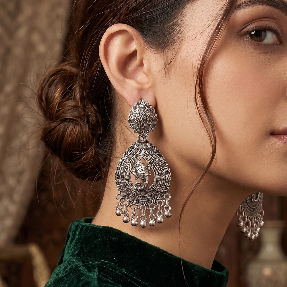 JewelMaze Oxidised Plated Ganesha Lord Pearl Dangler Earrings