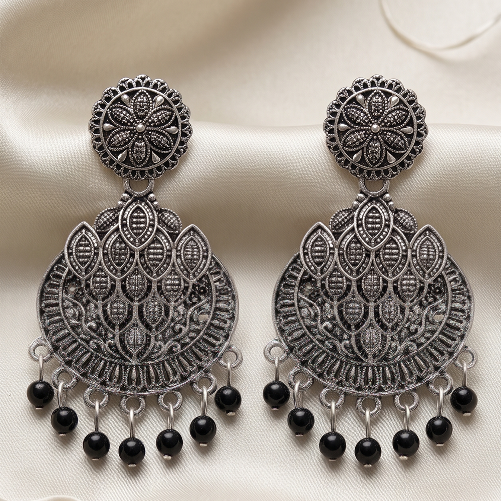 JewelMaze Oxidised Plated Pearl Dangler Earrings 