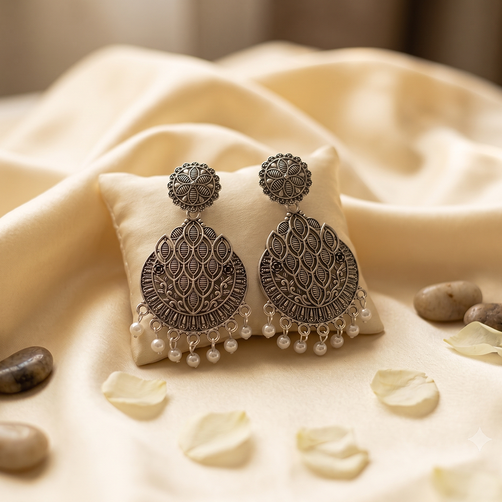 JewelMaze Oxidised Plated Pearl Dangler Earrings 