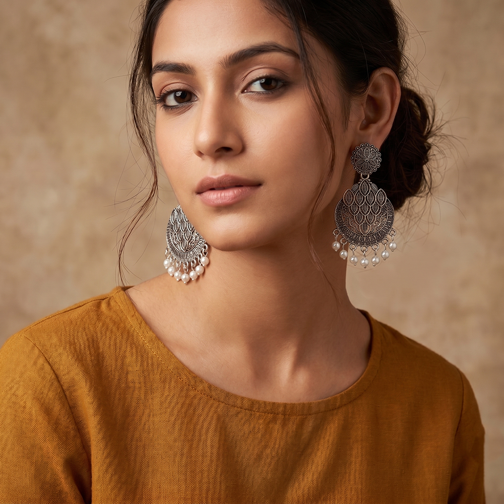 JewelMaze Oxidised Plated Pearl Dangler Earrings