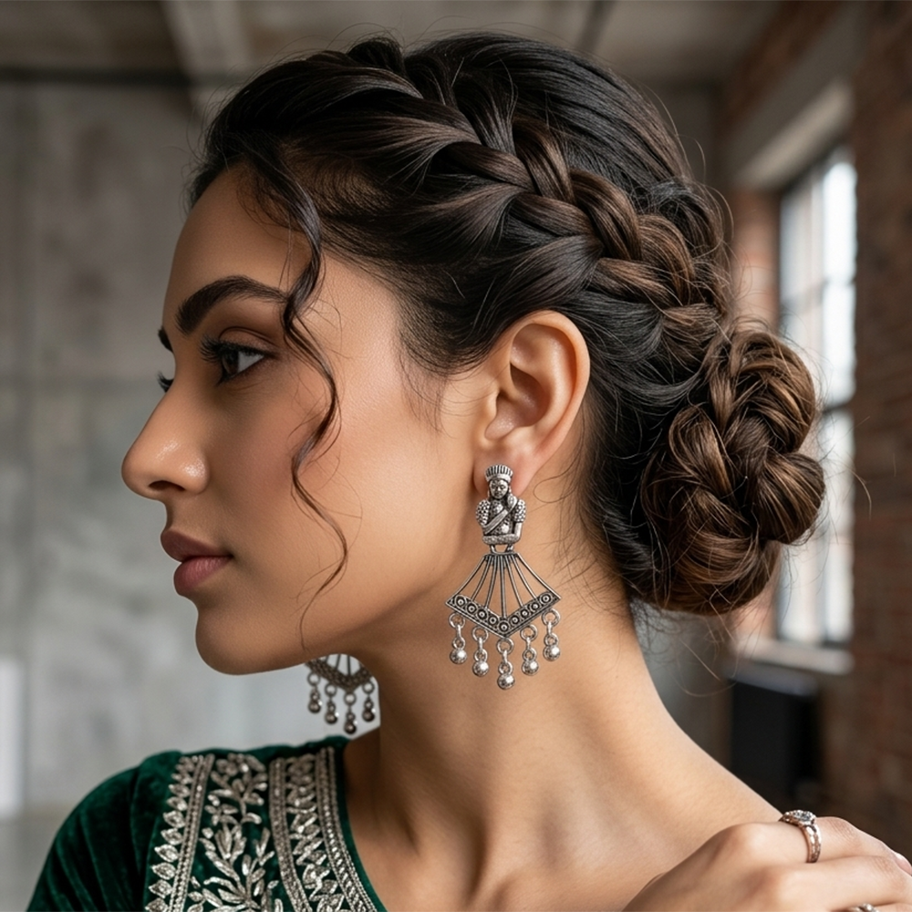 JewelMaze Oxidised Plated Pearl Dangler Earrings
