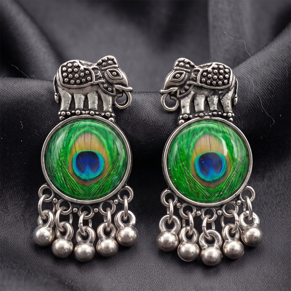 JewelMaze Oxidised Plated Peacock Inspired Elephant Dangler Earrings
