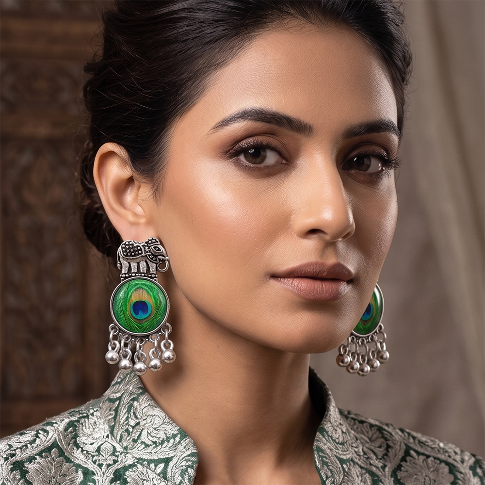 JewelMaze Oxidised Plated Peacock Inspired Elephant Dangler Earrings