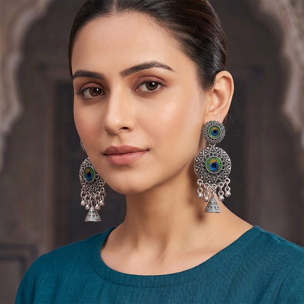 JewelMaze Oxidised Plated Peacock Inspired Jhumki Earrings