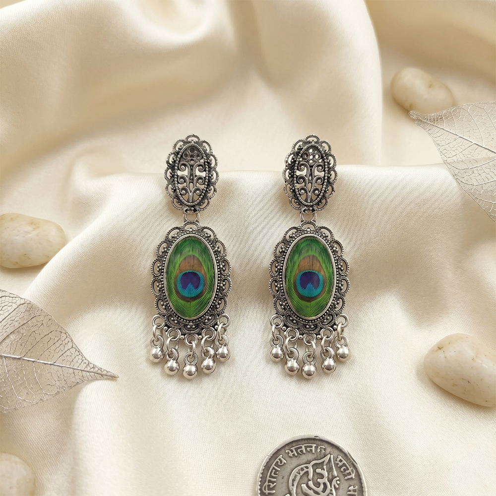 JewelMaze Oxidised Plated Peacock Inspired Dangler Earrings