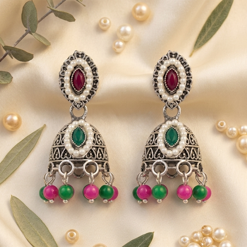 JewelMaze Oxidised Plated Pota Stone & Pearl Jhumki Earrings