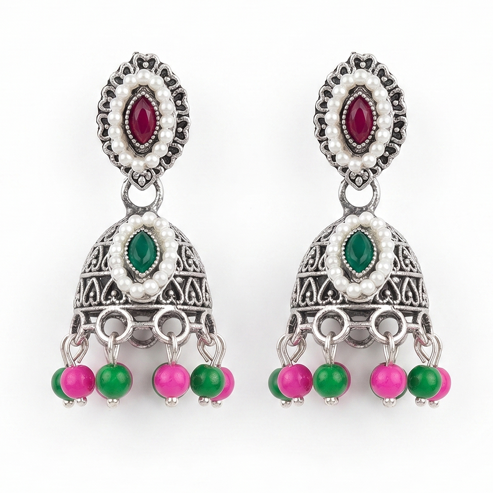 JewelMaze Oxidised Plated Pota Stone & Pearl Jhumki Earrings