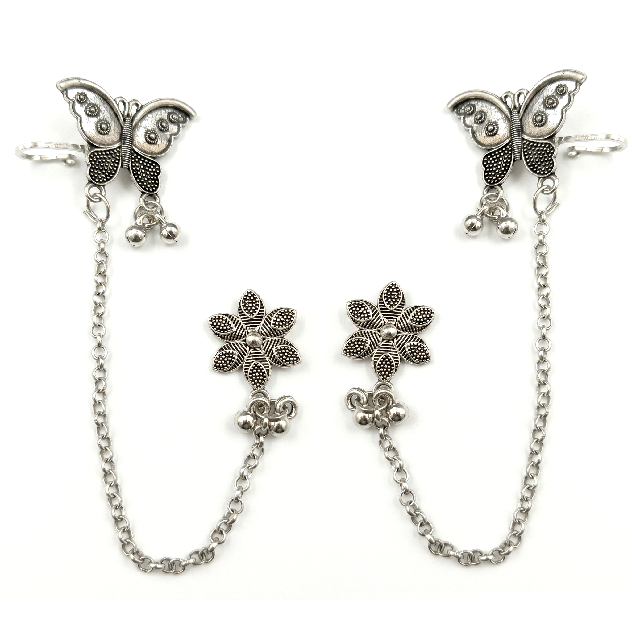 JewelMaze  Oxidised Butterfly Chain Ear Cuff Earrings