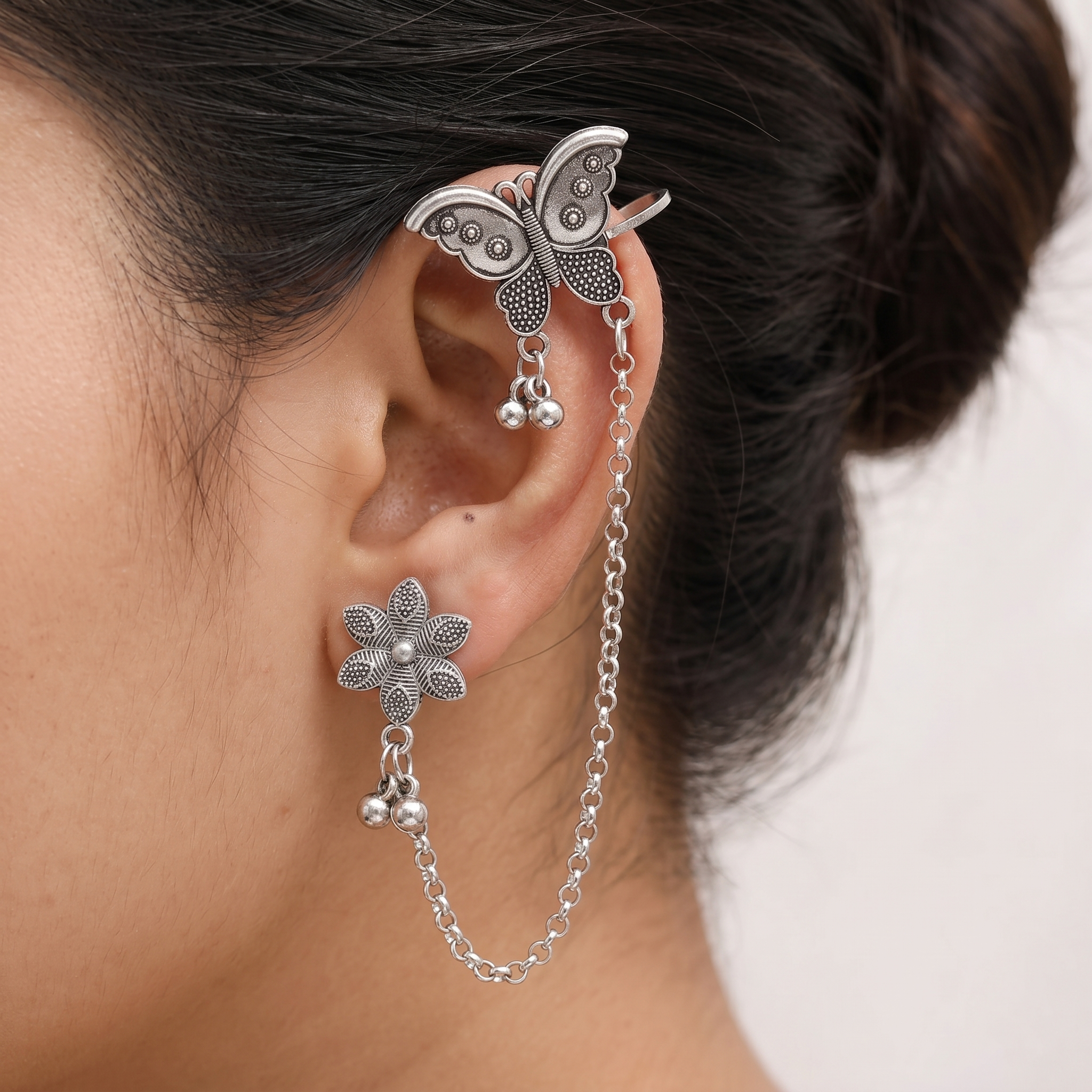 JewelMaze  Oxidised Butterfly Chain Ear Cuff Earrings