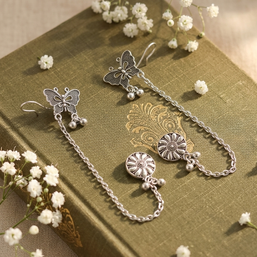 JewelMaze  Oxidised Butterfly Chain Ear Cuff Earrings