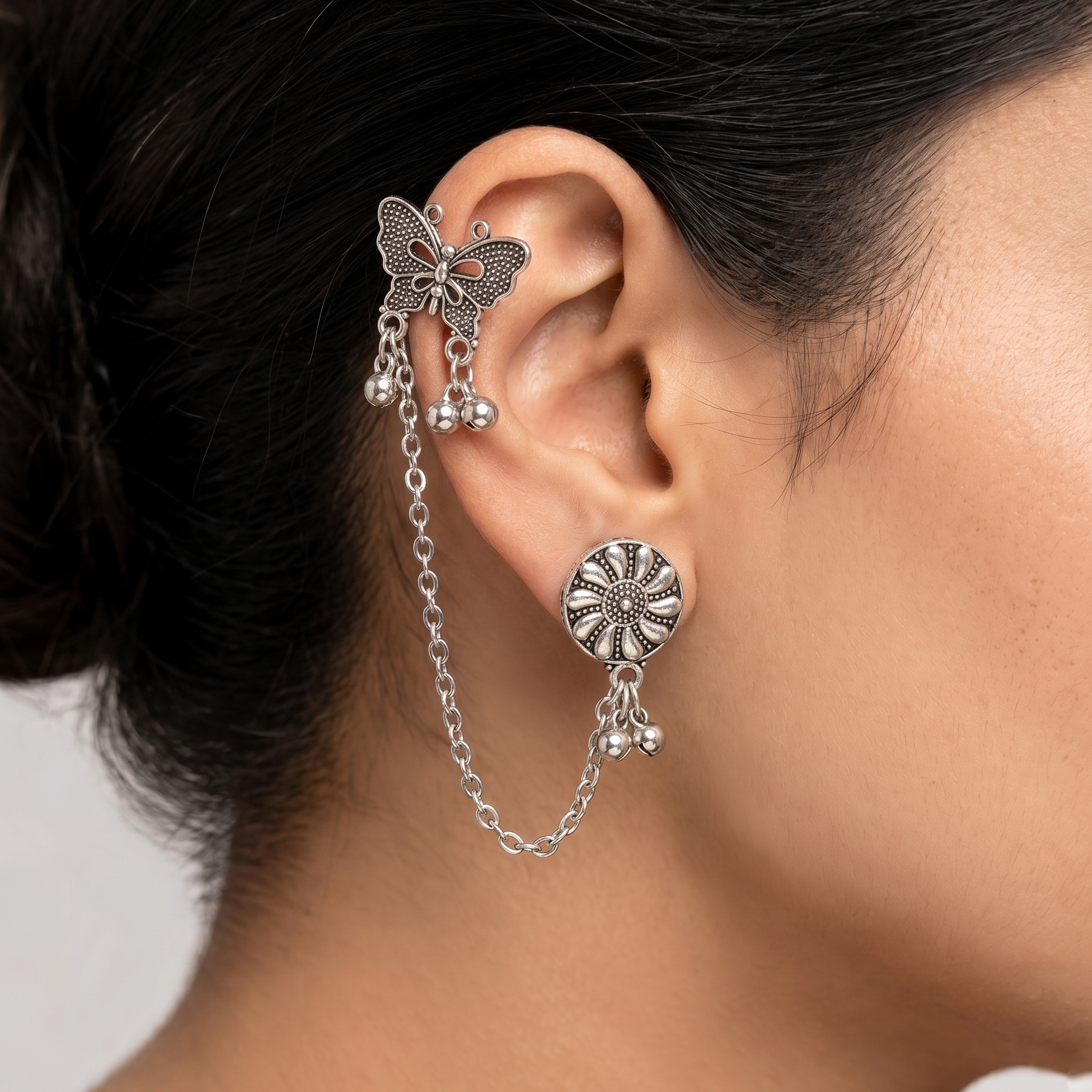 JewelMaze  Oxidised Butterfly Chain Ear Cuff Earrings
